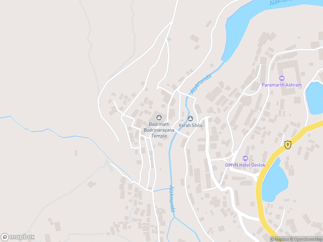 Map showing Badrinath Temple and surrounding area