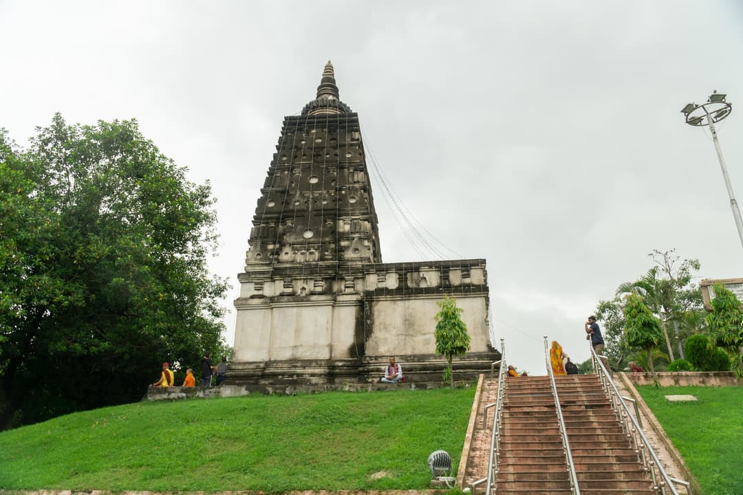 Mahabodhi Temple, low angle view of the pyramidal shikhara.