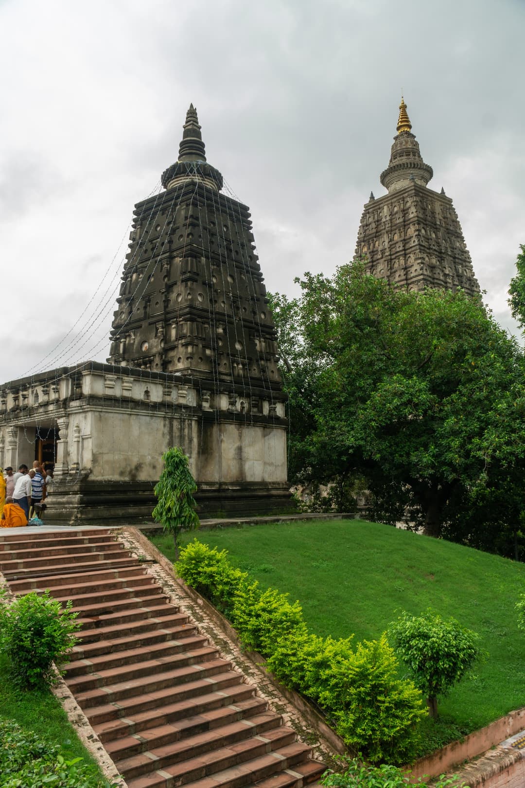 Mahabodhi Temple grounds: stairs to the main temple & other spires.