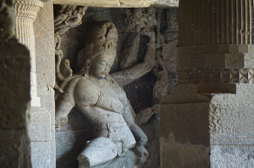 The colossal Trimurti statue, representing the three aspects of Shiva.