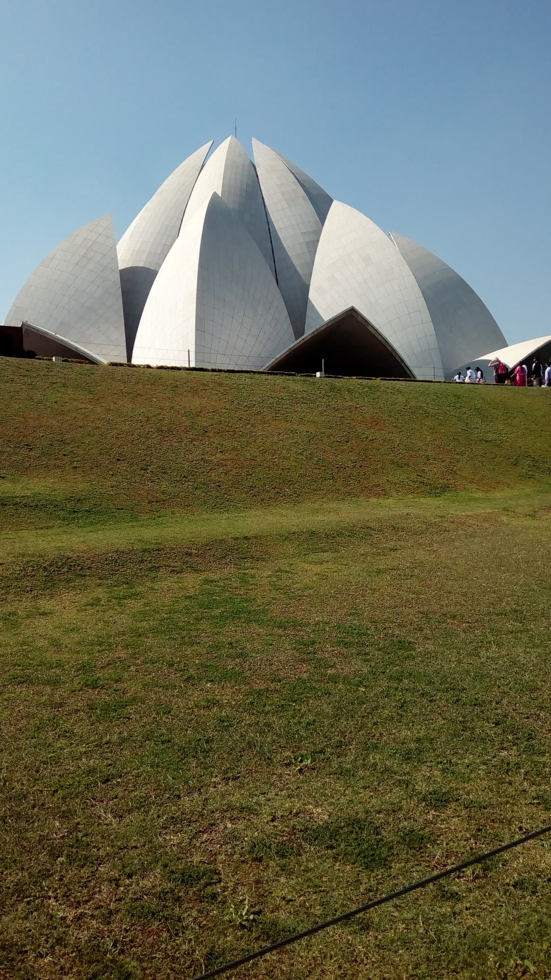 Low-angle view of the Lotus Temple rising above the landscaped lawn.