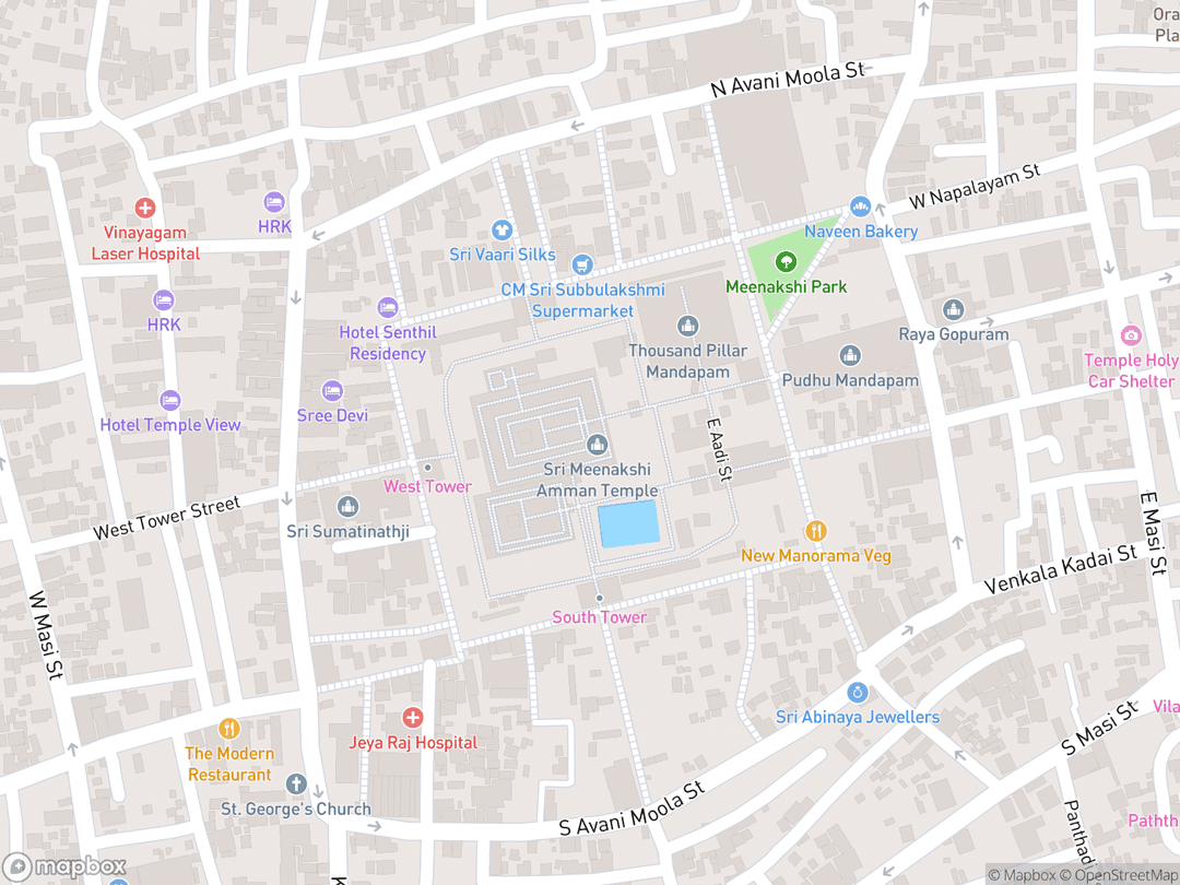 Map showing Meenakshi Amman Temple and surrounding area