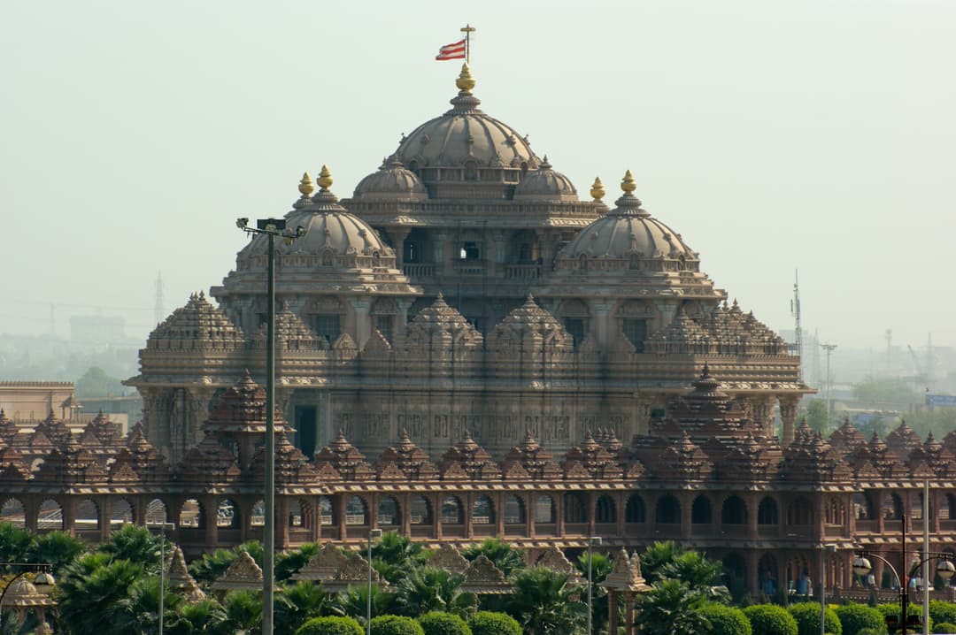 Exterior view of the central dome and carved mandir at Akshardham New Delhi.