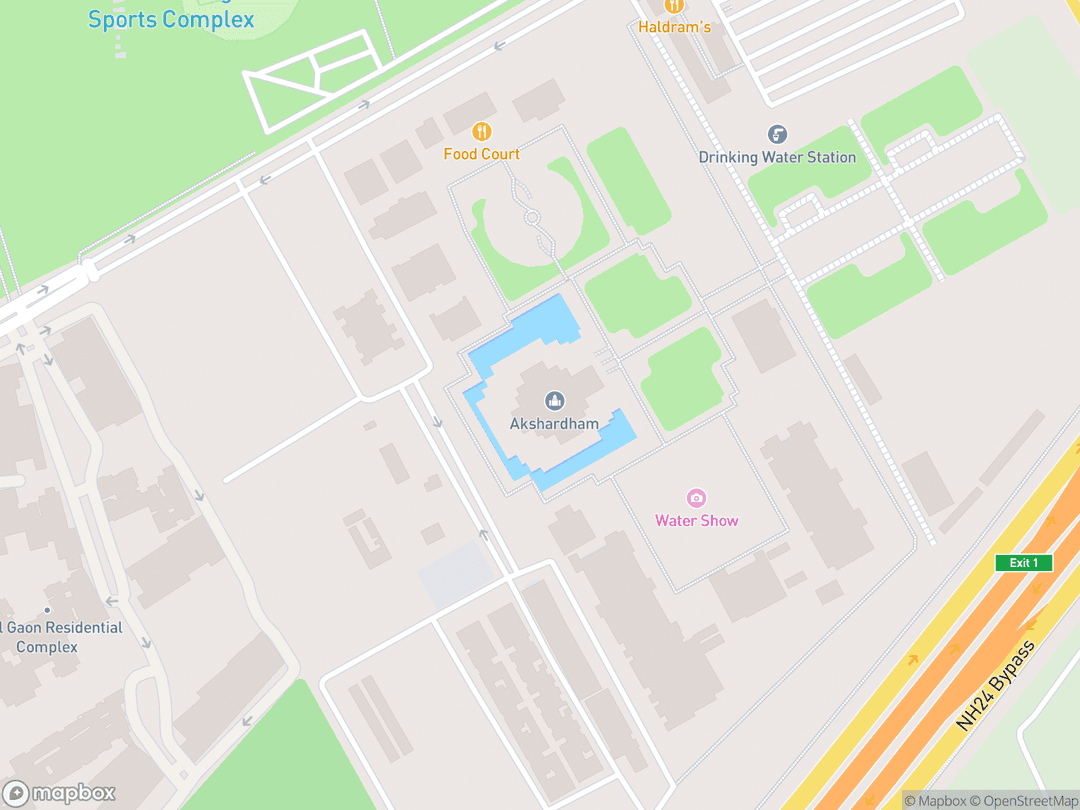 Map showing Swaminarayan Akshardham New Delhi and surrounding area