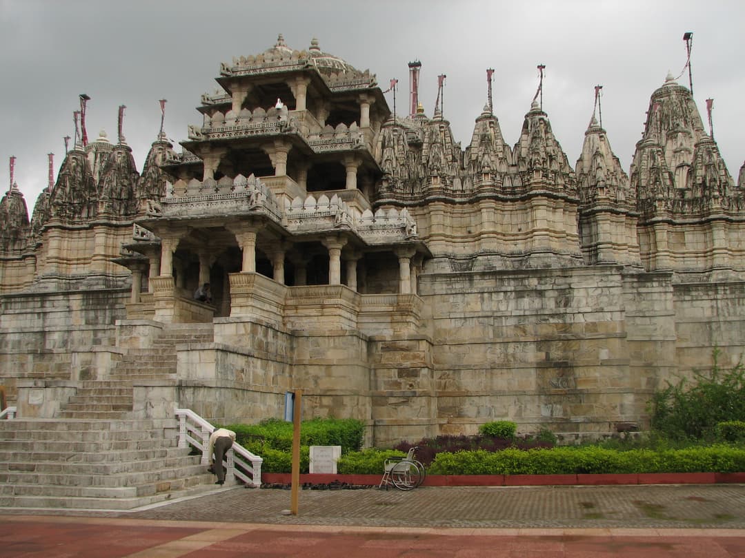 Exterior view of the tiered entrance pavilion and carved shikharas