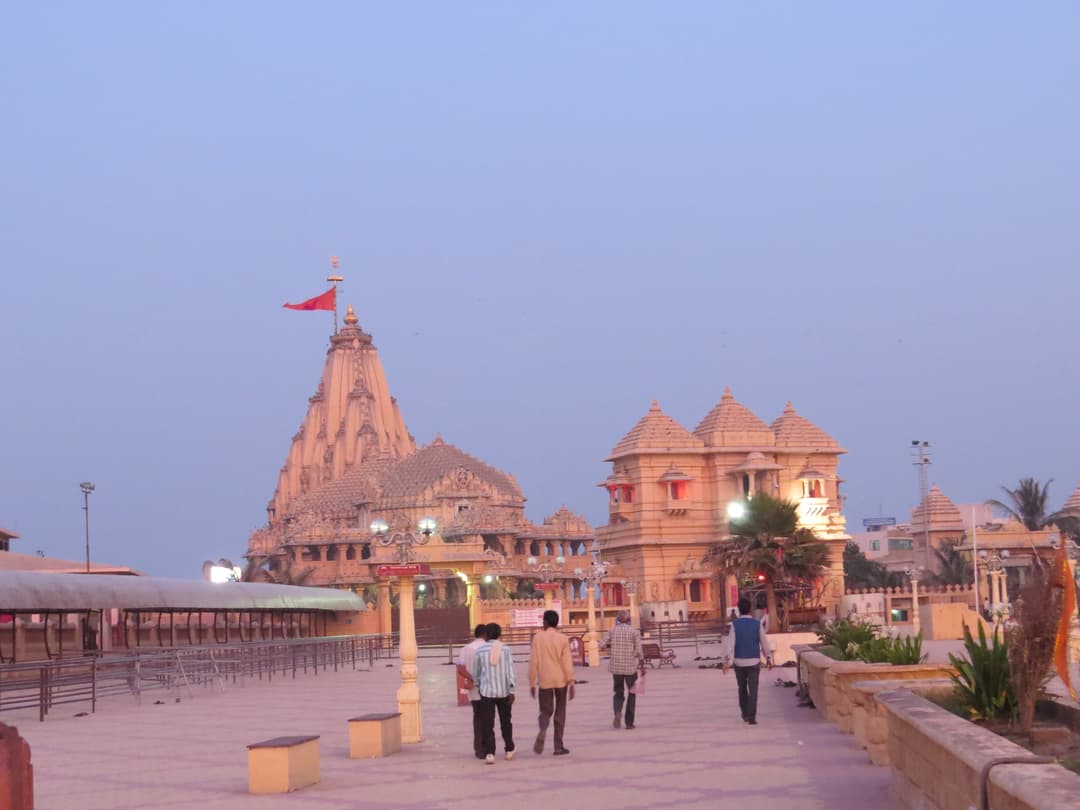 Exterior view of the Somnath Temple complex at twilight