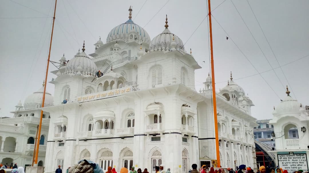 White marble facade and ribbed domes of Takht Sri Patna Sahib.