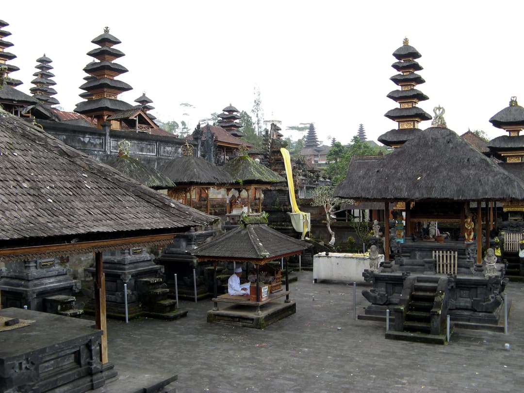 Besakih Temple grounds view with tiered meru towers.