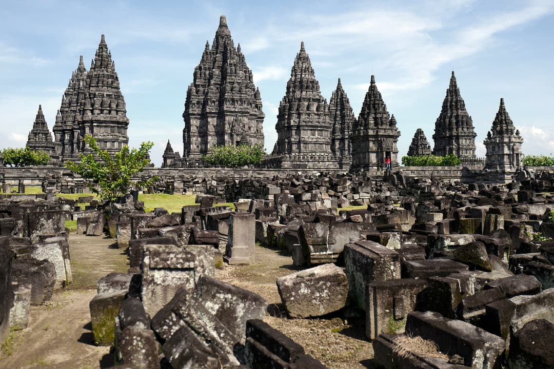 A panoramic view of the Prambanan Temple complex.