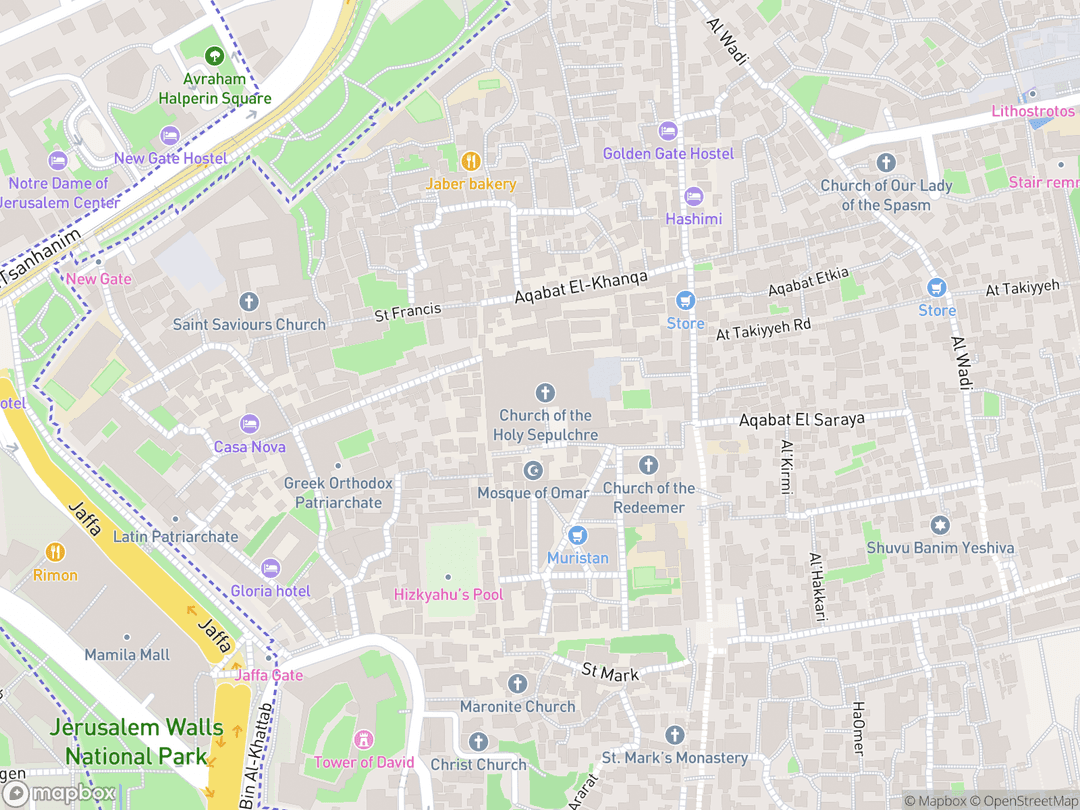 Map showing Church of the Holy Sepulchre and surrounding area