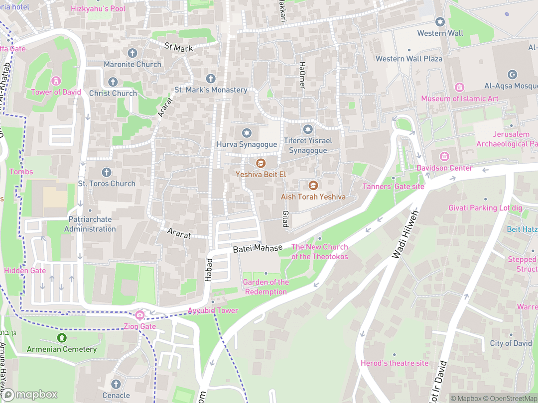Map showing The Four Sephardic Synagogues and surrounding area