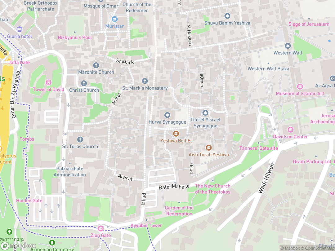 Map showing Hurva Synagogue and surrounding area