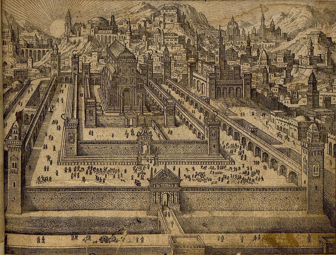 رسم توضيحي لتصميم الهيكل، يسلط الضوء على الرواق (أولام)، والمكان المقدس (هيكل)، والأقدس (قدس الأقداس).