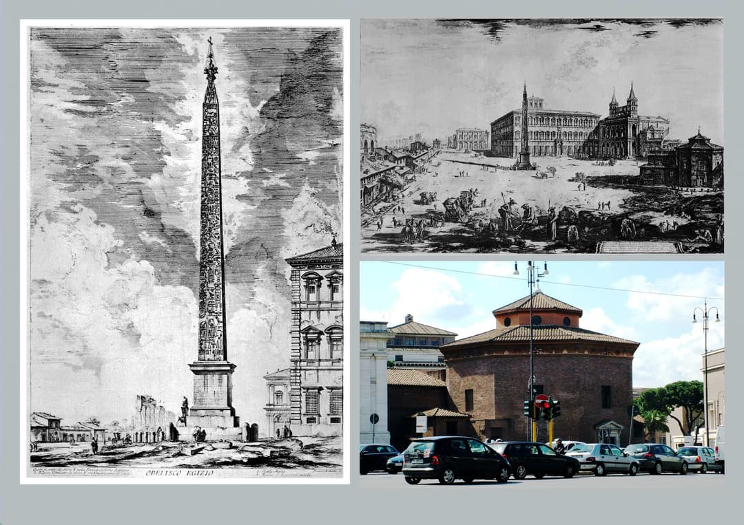 Historic prints of the Lateran Obelisk and Piazza with the Baptistery.