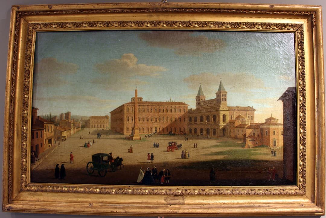 Historic painting of Piazza di San Giovanni in Laterano with obelisk.