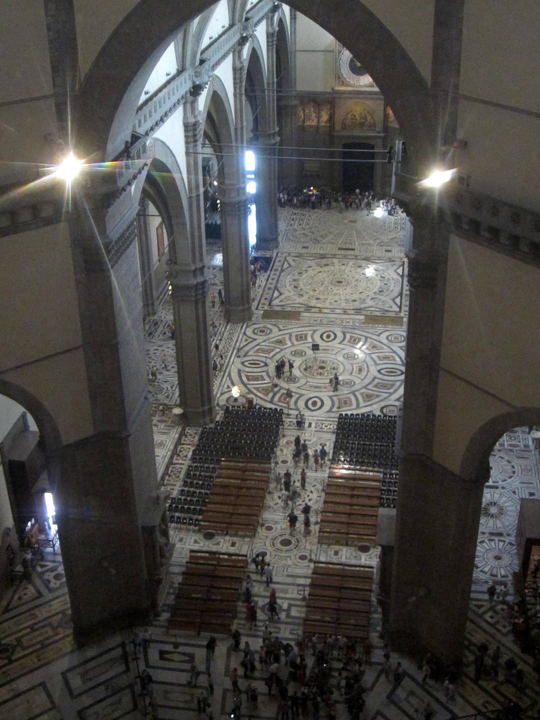 High-angle view of the nave and marble floor of Florence Cathedral