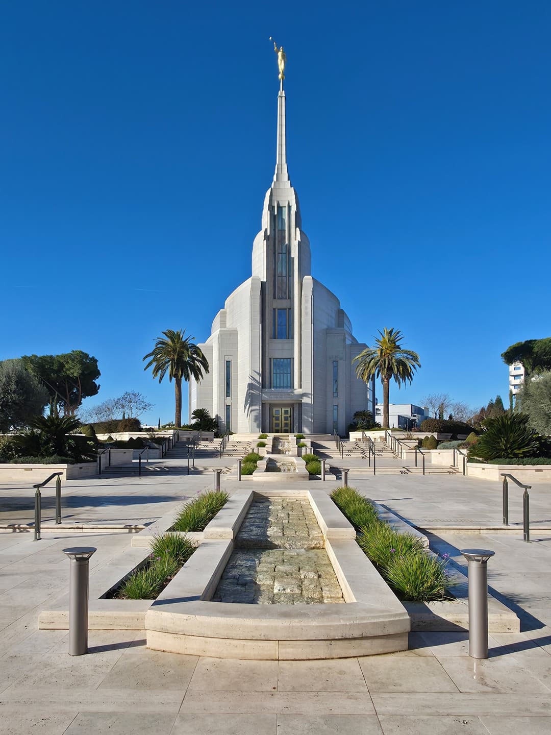 The Rome Italy Temple exterior clad in Bianco Sardo granite