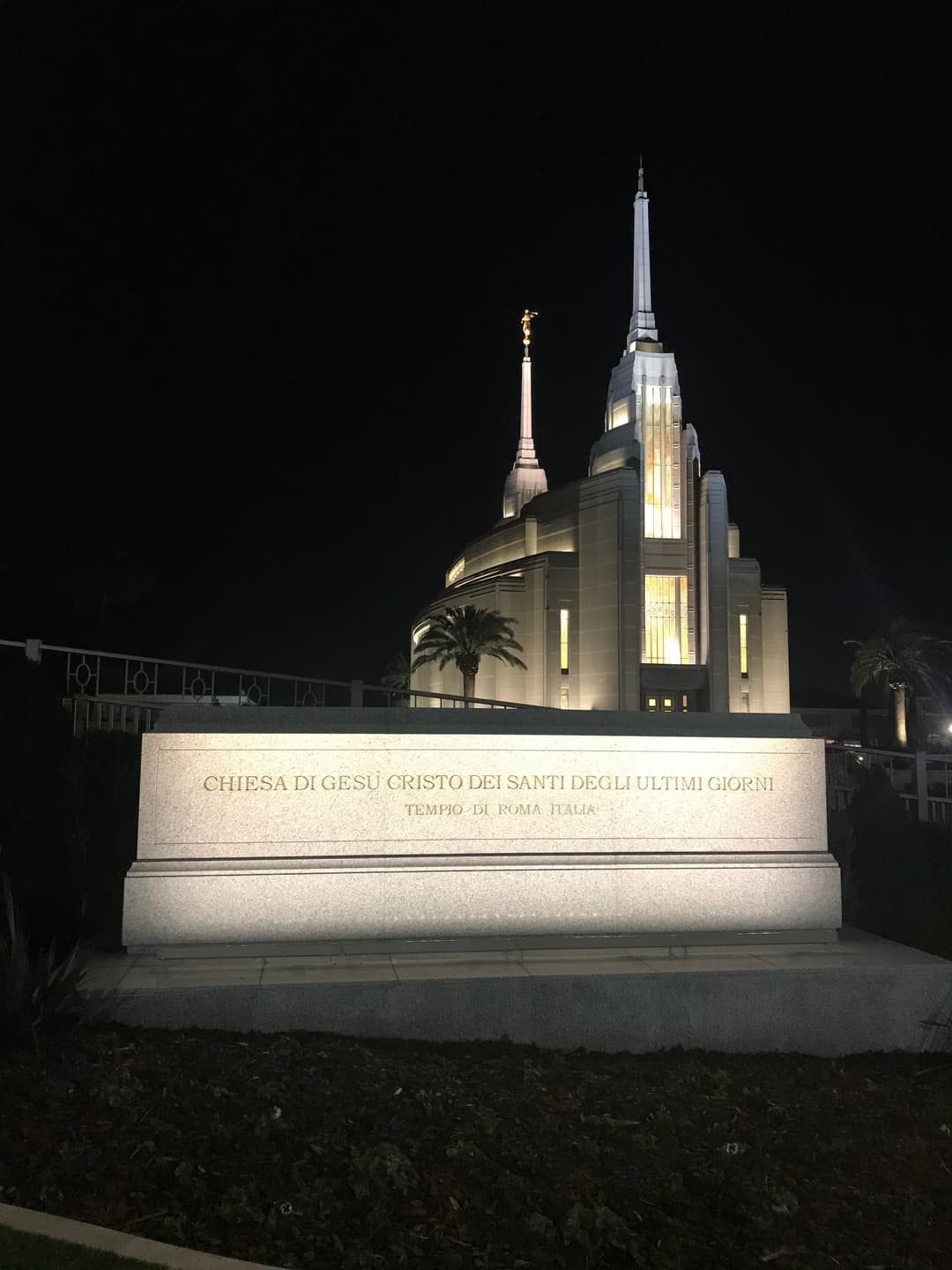 The Rome Italy Temple illuminated at night