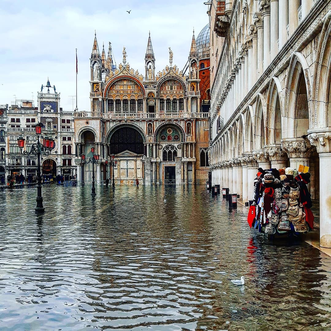 Flooded Piazzetta San Marco facing St. Mark's Basilica during acqua alta.