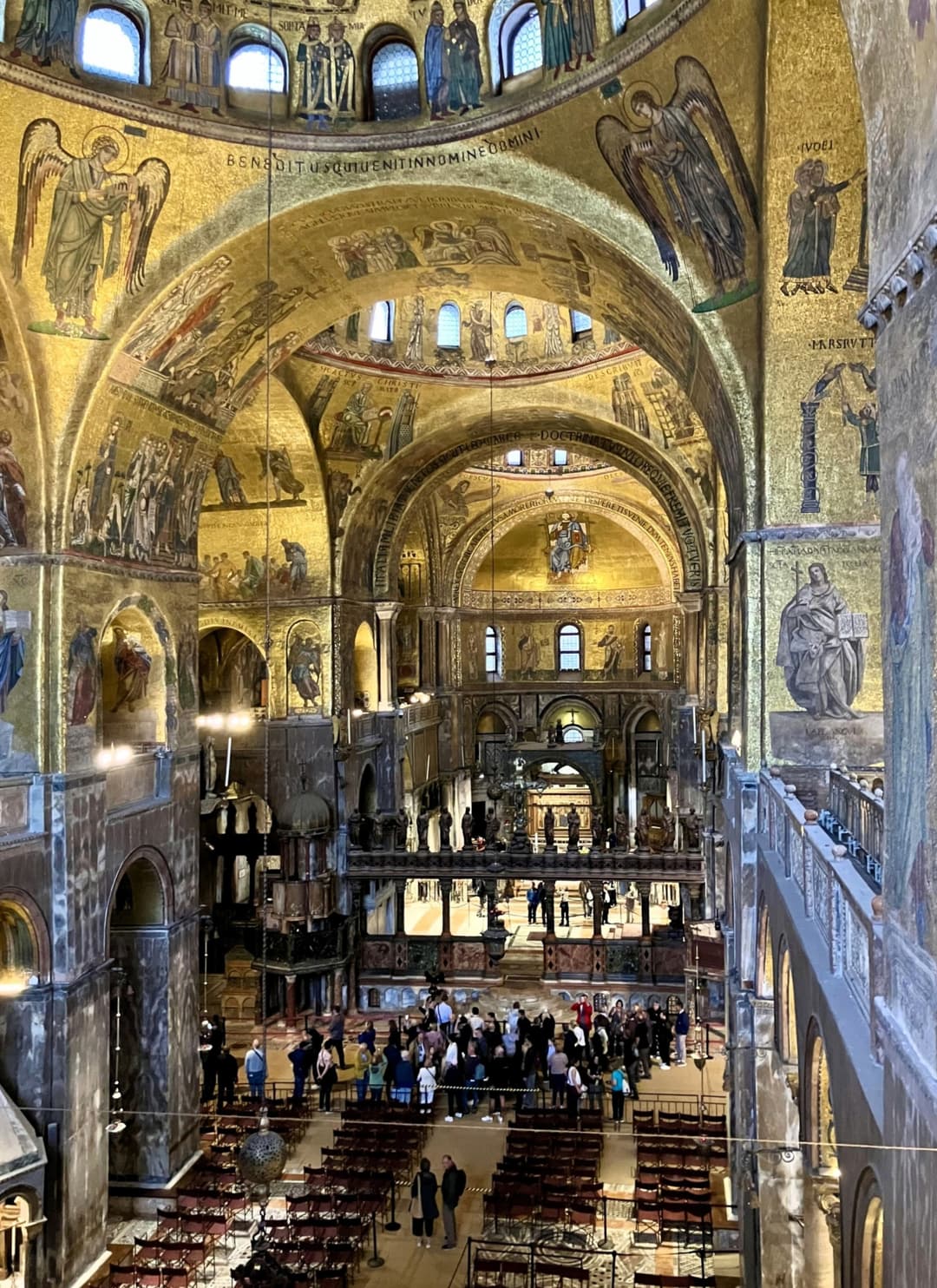 Elevated view of the nave, iconostasis, and Byzantine gold mosaics