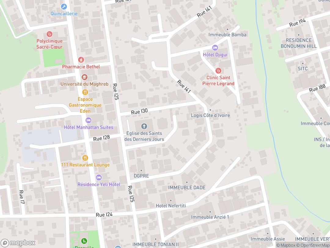 Map showing Abidjan Ivory Coast Temple and surrounding area