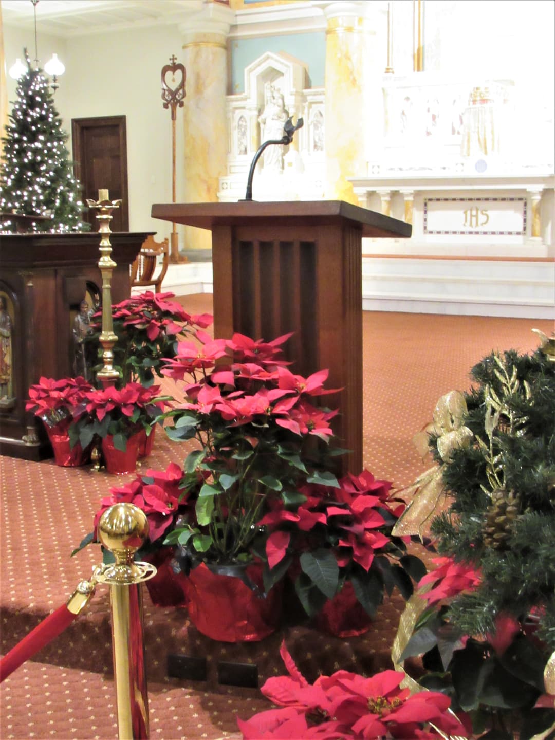 Interior view of the altar and lectern decorated for Christmas