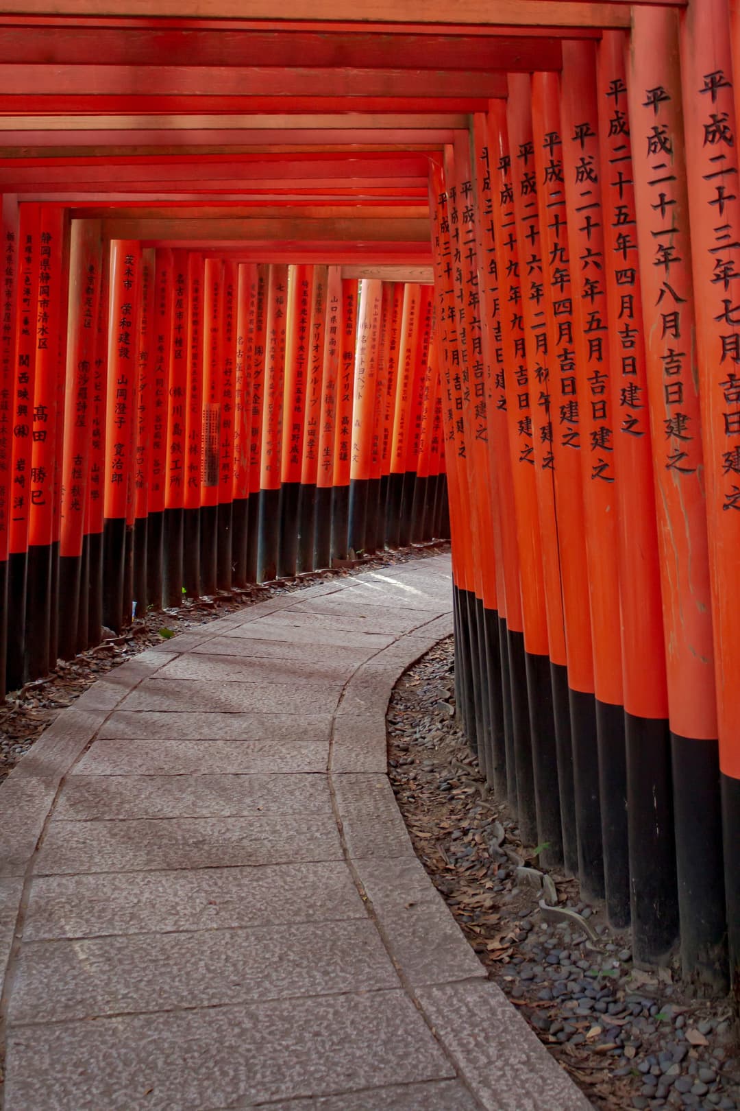 Curving stone path through the vermilion torii gates of Fushimi Inari Taisha.