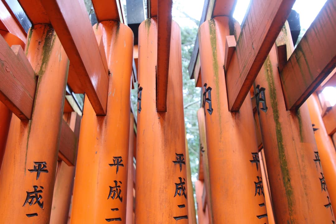 Detail of inscribed vermilion torii pillars at Fushimi Inari Taisha