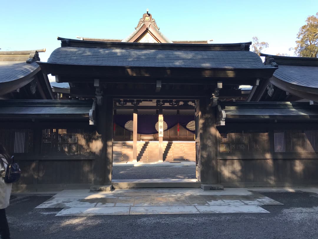 Front view of the wooden Kaguraden gate, Ise Grand Shrine.