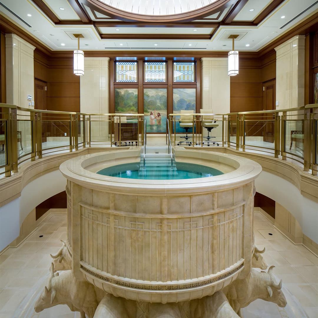 Interior view of the baptismal font in the Sapporo Japan Temple.