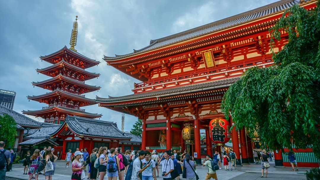 Evening view of the illuminated Sensō-ji Temple.