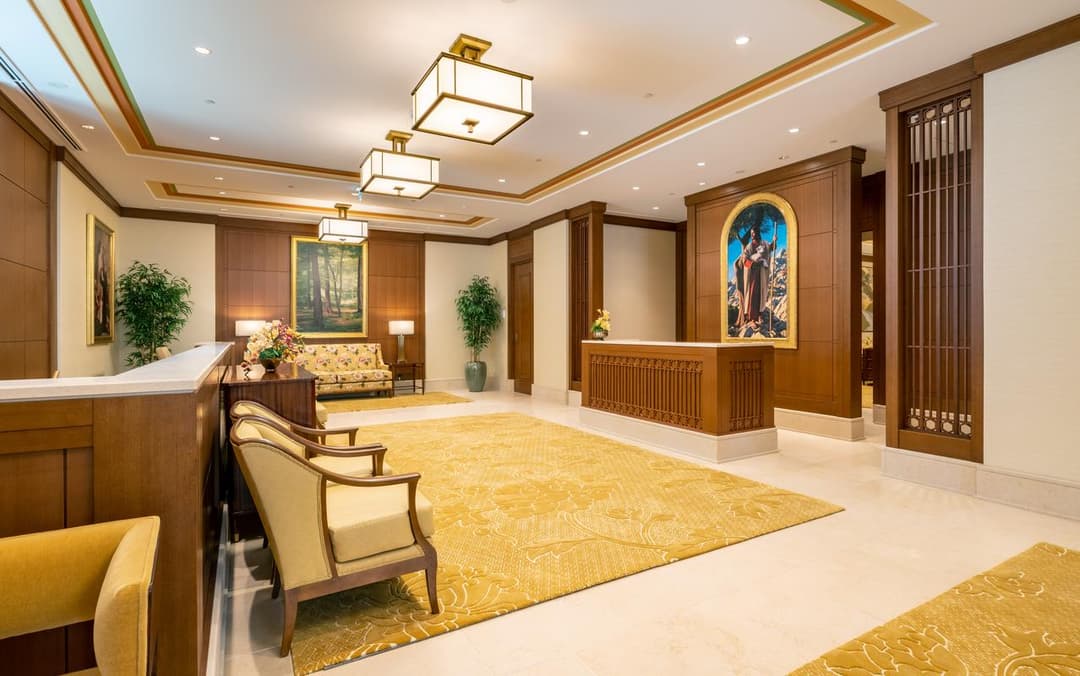 The temple illuminated at night