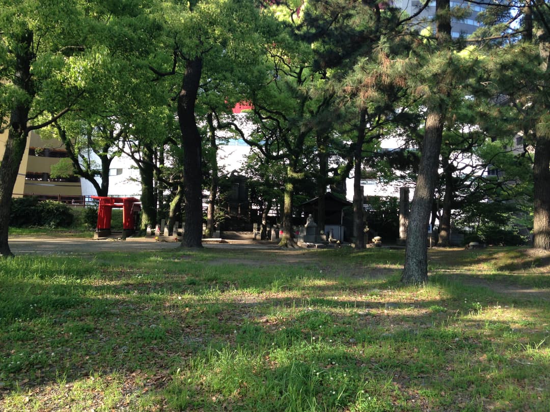 Wooded shrine grounds with small red torii gates visible through the trees.