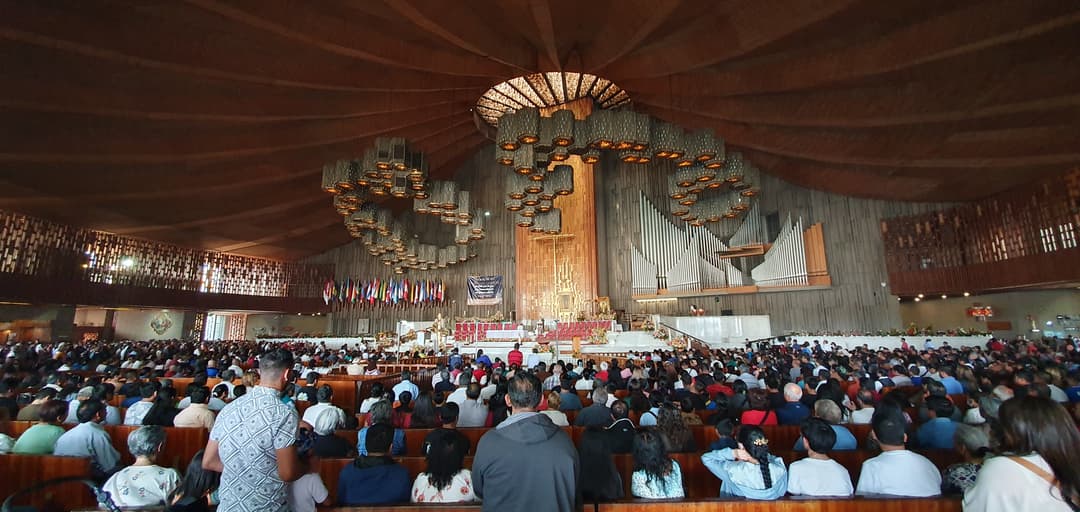 Interior view of the modern Basilica of Our Lady of Guadalupe.