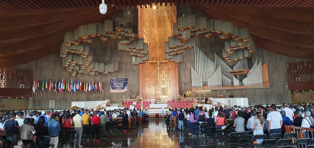 Interior view of the modern sanctuary at the Basilica of Guadalupe.