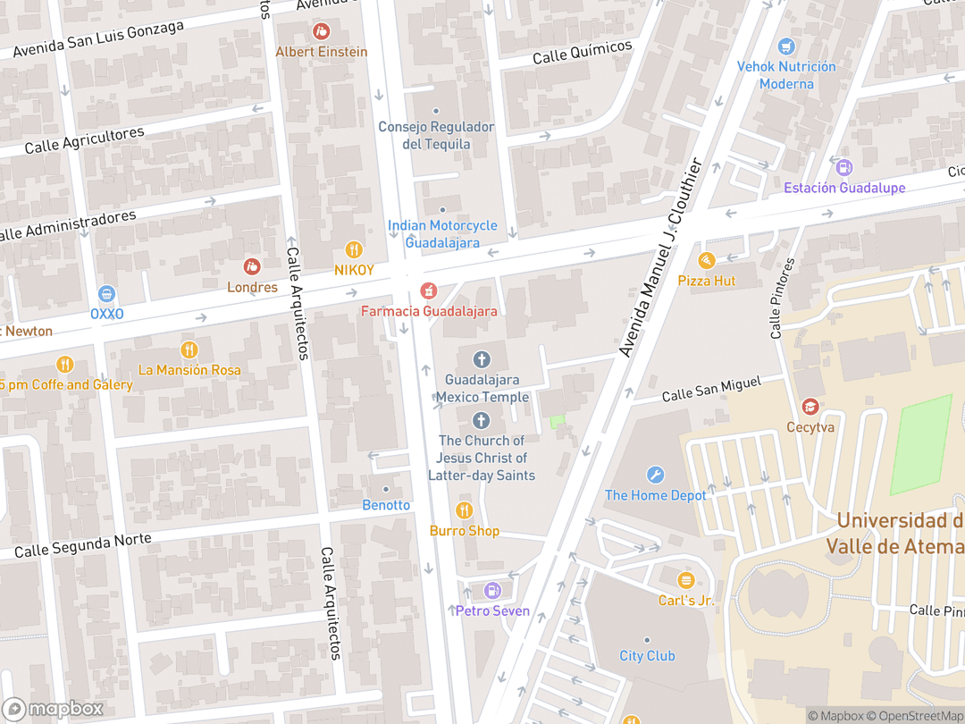 Map showing Guadalajara Mexico Temple and surrounding area
