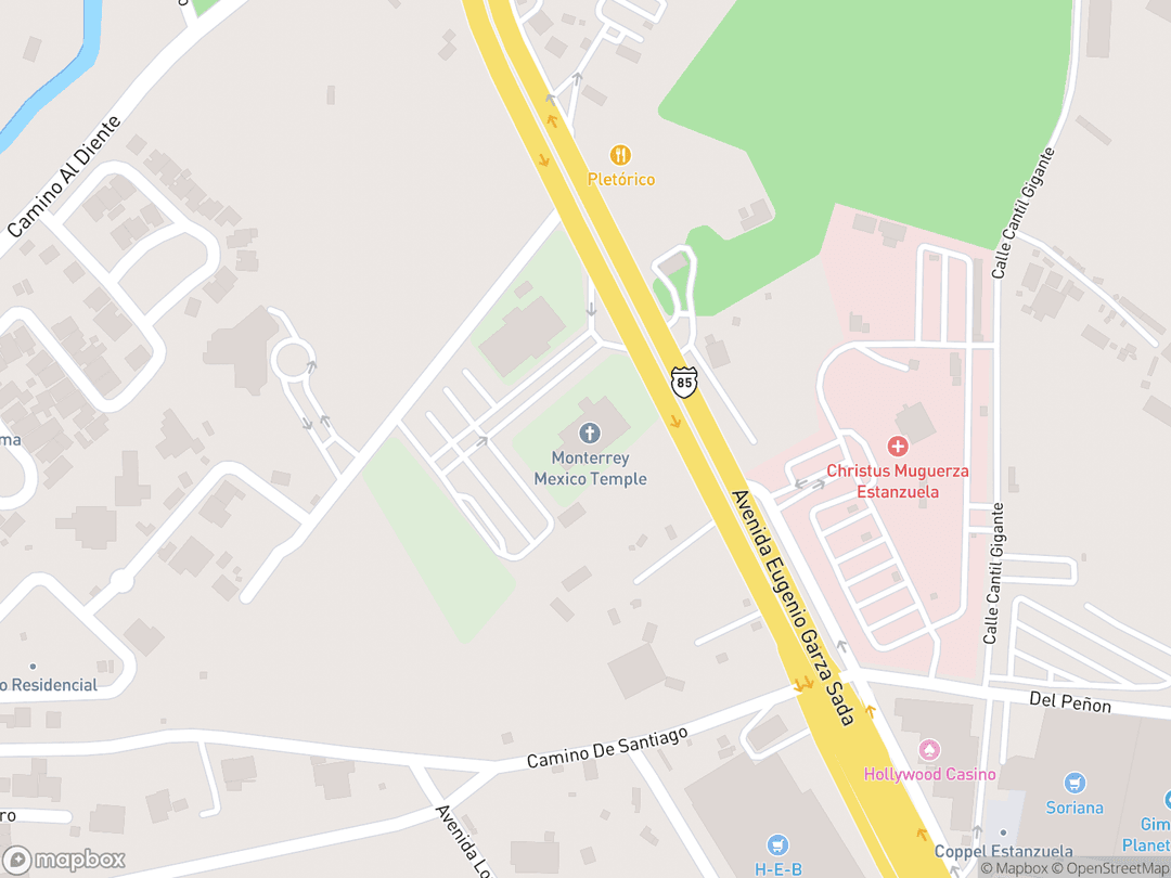 Map showing Monterrey Mexico Temple and surrounding area