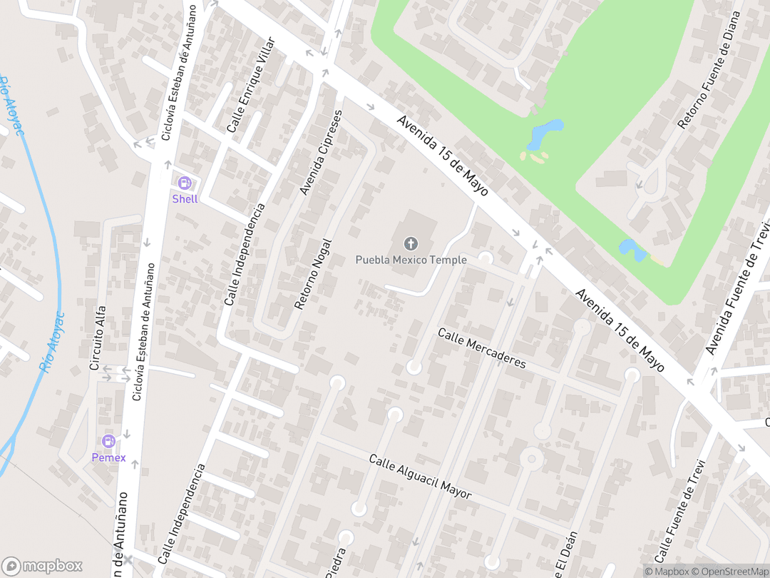 Map showing Puebla Mexico Temple and surrounding area