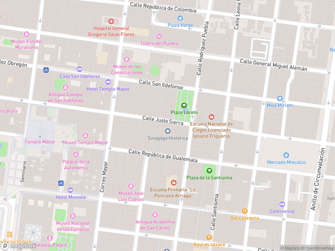 Map showing Sinagoga Histórica Justo Sierra 71 and surrounding area