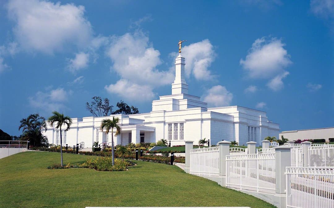 Wide-angle exterior view of the Tampico Mexico Temple and grounds.