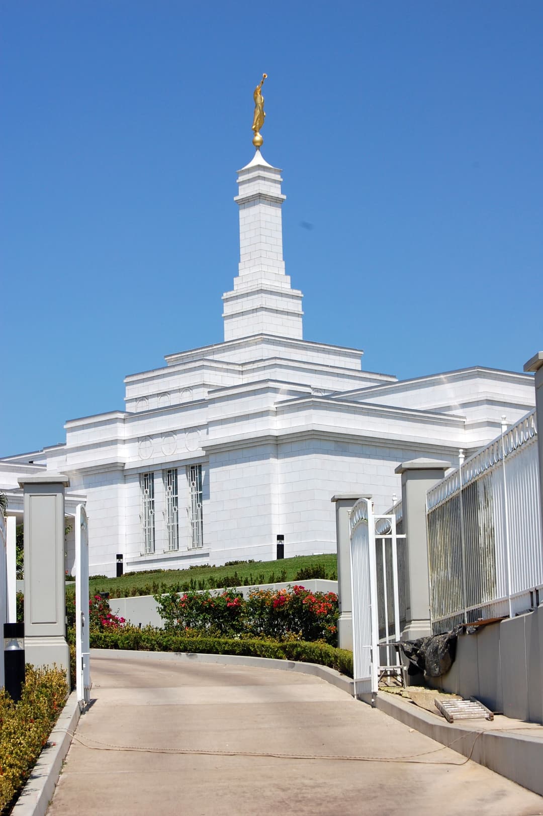 View of the Tampico Mexico Temple spire from the open entrance gate.
