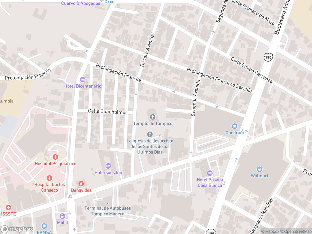 Map showing Tampico Mexico Temple and surrounding area