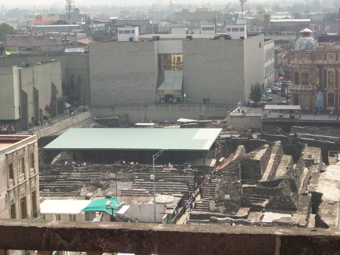High-angle view of the Templo Mayor archaeological site and museum.