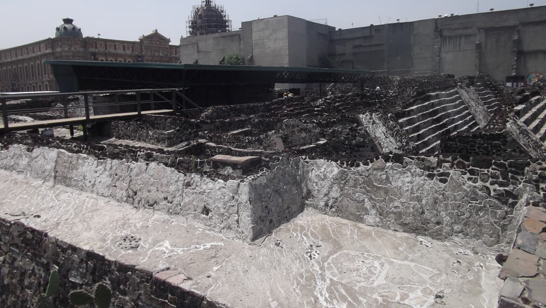 Elevated wide-angle view of the excavated stone ruins at Templo Mayor.