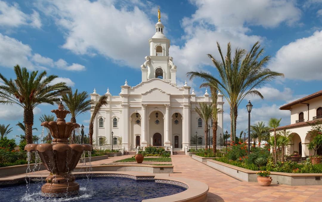 Exterior view of the Tijuana Mexico Temple with a fountain in the foreground.