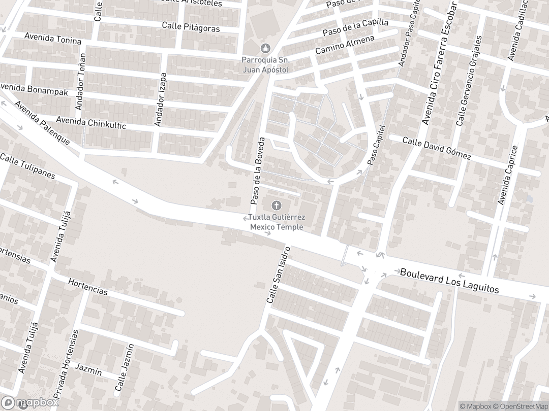 Map showing Tuxtla Gutiérrez Mexico Temple and surrounding area