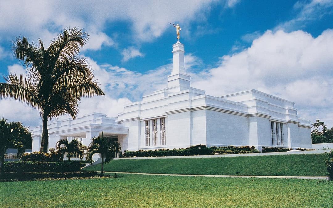 Exterior view of the Villahermosa Mexico Temple framed by a palm tree.