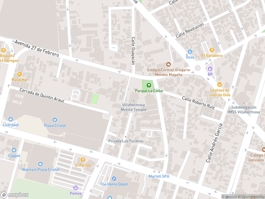 Map showing Villahermosa Mexico Temple and surrounding area