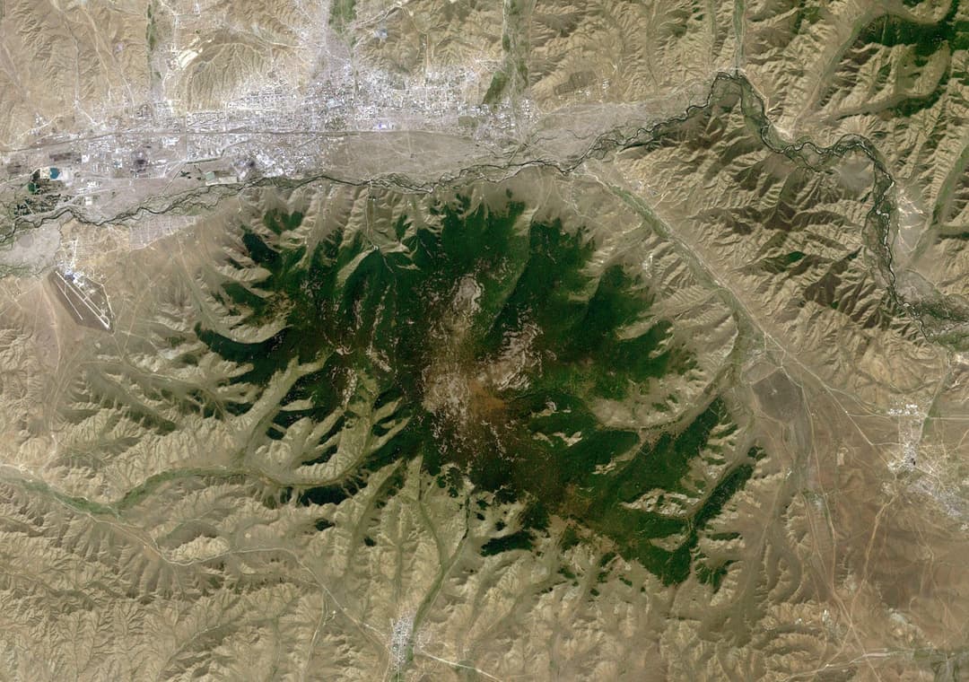 Satellite view of Bogd Khan Mountain and Ulaanbaatar