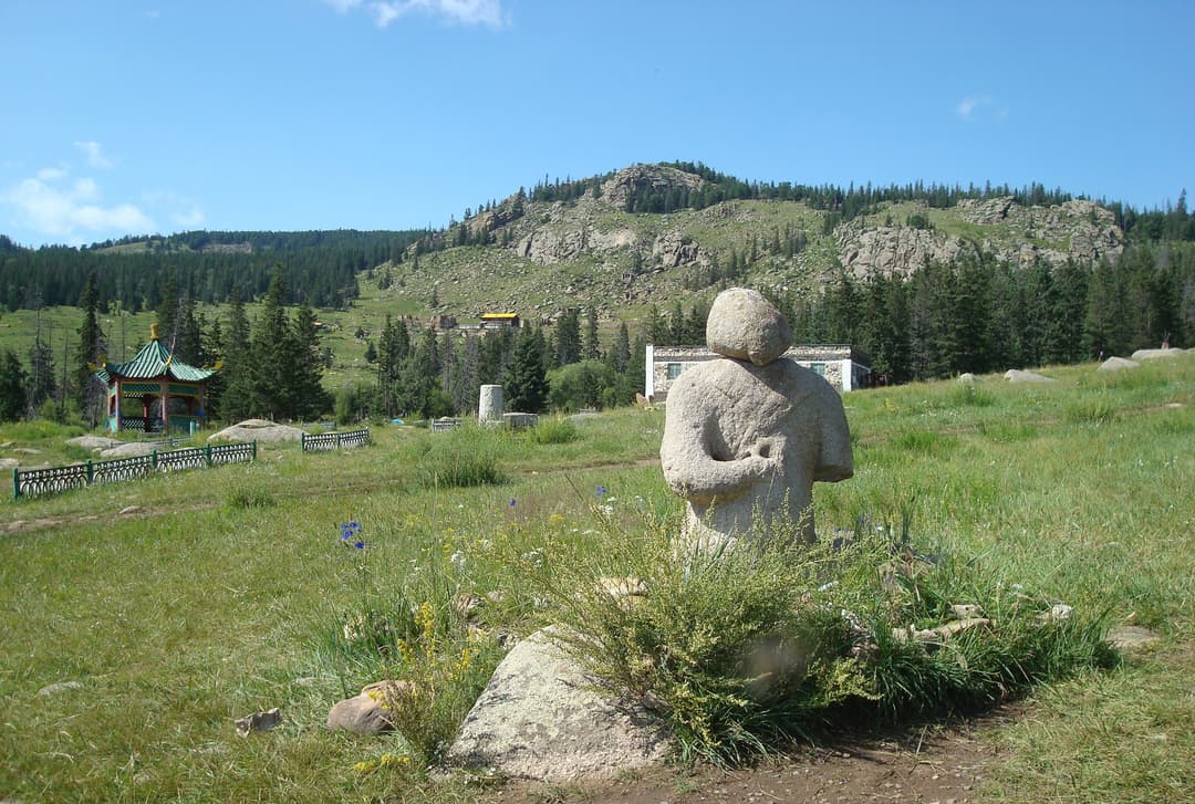 Stone anthropomorphic statue on the meadow grounds of Bogd Khan Mountain